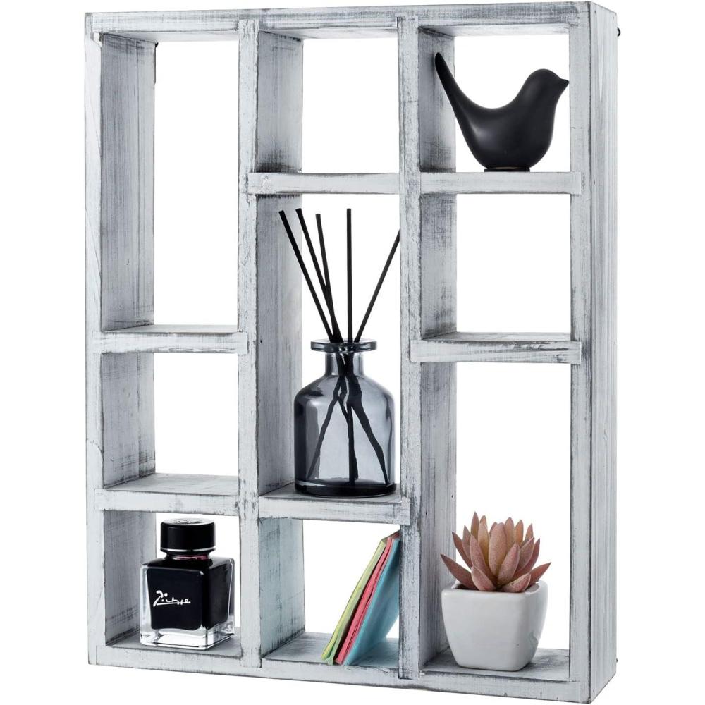 imageMyGift 9 Compartment Vintage White Wood Shadow Box Wall Mountable Curio Display Case Freestanding or Floating Shelf for Collectible Figurines Succulents