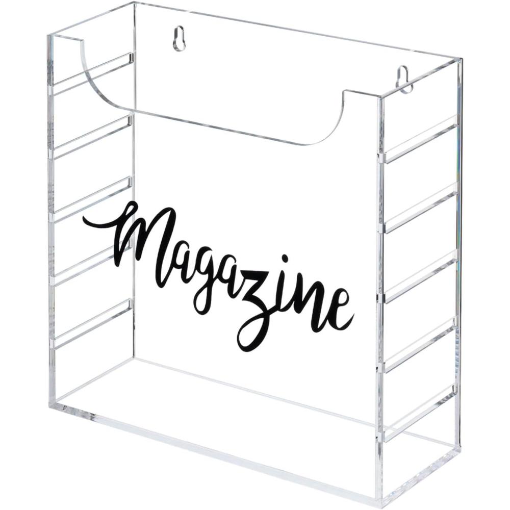 imageMyGift 9 Inch Premium Clear Acrylic Magazine Holder with Decorative Black Cursive Lettering Magazine Label Modern Wall Mounted Storage Box for Magazines