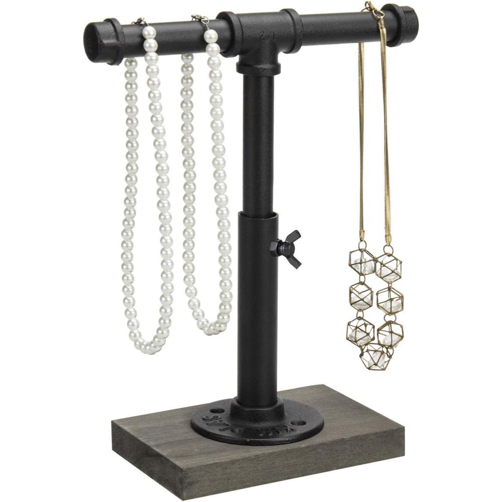 imageMyGift Adjustable 2Tier Industrial Jewelry Display Stand Rustic Metal Pipe ampamp Brown Wood Base for Necklaces Bracelets Watches Home ampamp Boutique Decor 1175quot HBlack Gray