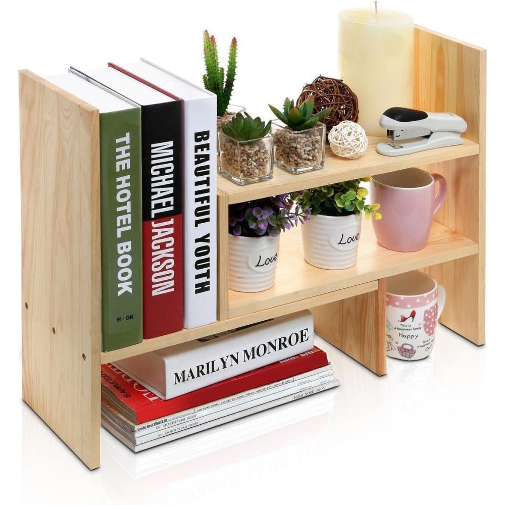 imageMyGift Adjustable Brown Solid Wood Desktop Storage Organizer Display Shelf Book Rack Home Office Desk Decor BookshelfBeige