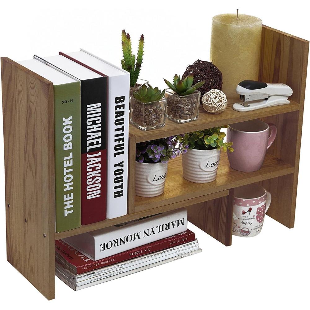 imageMyGift Adjustable Brown Solid Wood Desktop Storage Organizer Display Shelf Book Rack Home Office Desk Decor BookshelfBrown