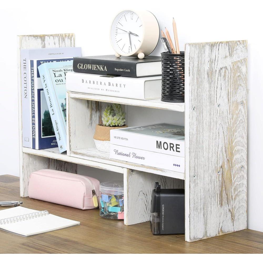 imageMyGift Adjustable Brown Solid Wood Desktop Storage Organizer Display Shelf Book Rack Home Office Desk Decor BookshelfWhitewashed