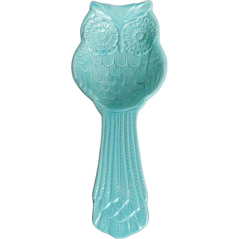 imageMyGift Aqua Blue Ceramic Spoon Rest with Owl Design Countertop Cooking Spoon and Ladle Holder