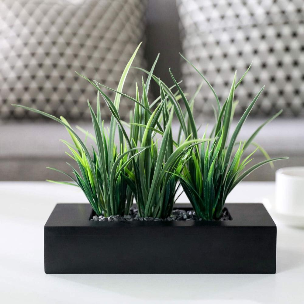 imageMyGift Artificial Green Grass Plants Potted in 9inch Matte Black Wood Decorative Planter Tabletop Faux Greenery in Wooden Rectangular Pot Centerpiece Dcor