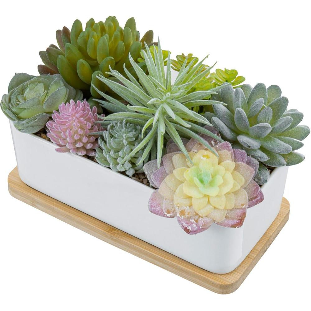 imageMyGift Artificial Succulent Centerpiece1575 Inch Faux Succulents Arrangement Plants in Sleek Black Wooden Rectangular Planter BoxWhitewood Tray