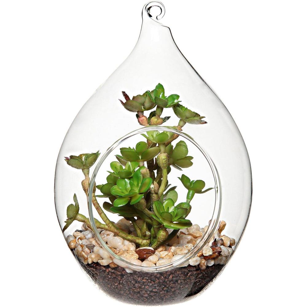 imageMyGift Artificial Succulent Plant in Hanging Glass Teardrop Terrarium Ornament Decorative 6Inch Clear Globe Vase
