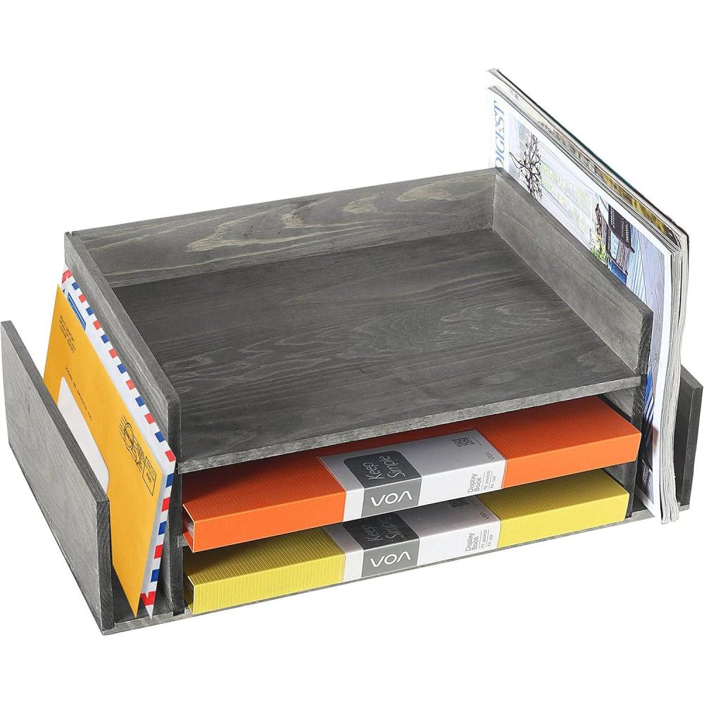 imageMyGift Barnwood Gray Wood Desktop Paper Tray 2 Tier Document File Folder Letter Sorter Organizer Rack with Mail Holder Slots Office Desk Tray