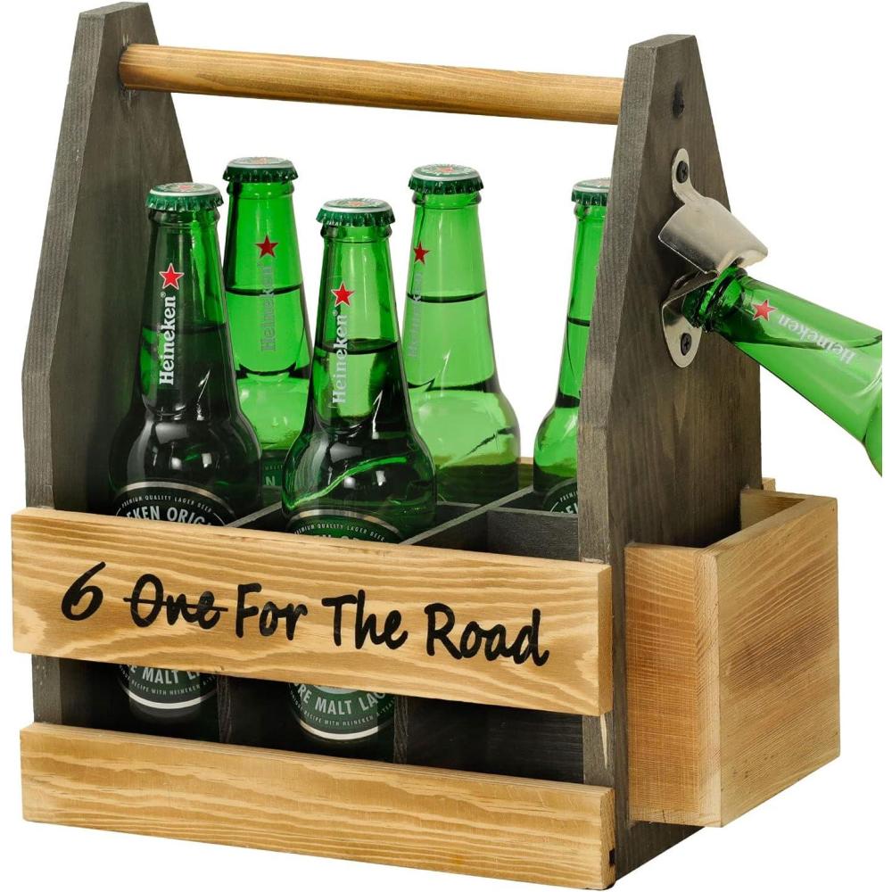 imageMyGift Beer Bottles Caddy with TwoTone Natural Wood with Top Handle Side Bottle Opener and Cap Catcher