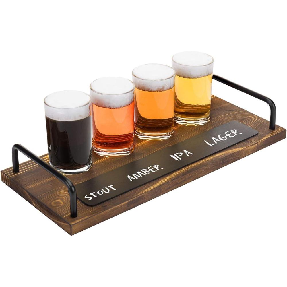 imageMyGift Beer Tasting Glasses and Wooden Fight Board Set Includes 4 Beer Glasses and Rustic Burnt Brown Wood Serving Tray with Metal Handles and Chalkboard Label