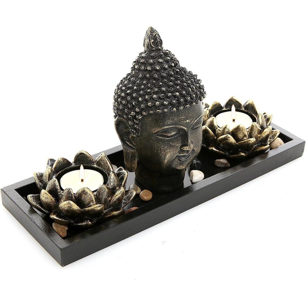 imageMyGift Black Buddha Head Sculpture Zen Garden Set with Lotus Tealight Candle Holders and Wooden Display Tray Decorative Tabletop Home AccentBlack