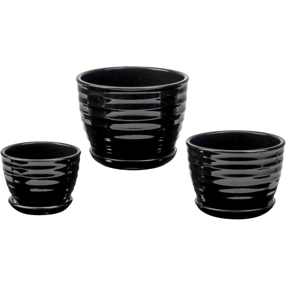 imageMyGift Black Ceramic Pots for Plants 675645 inch Flower Pots Plant Pots Indoor with Drainage Holes and Tray Garden Planters for Succulent and Flowers Set of 3Black