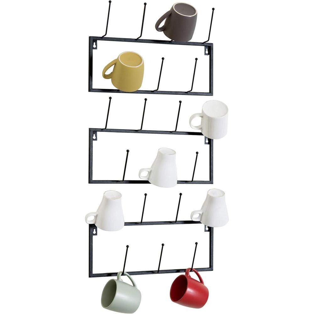 imageMyGift Black Metal Coffee Mug Rack Wall Mounted Hanging Storage Coffee Bar Accessories Rack with 21 Hooks Set of 3