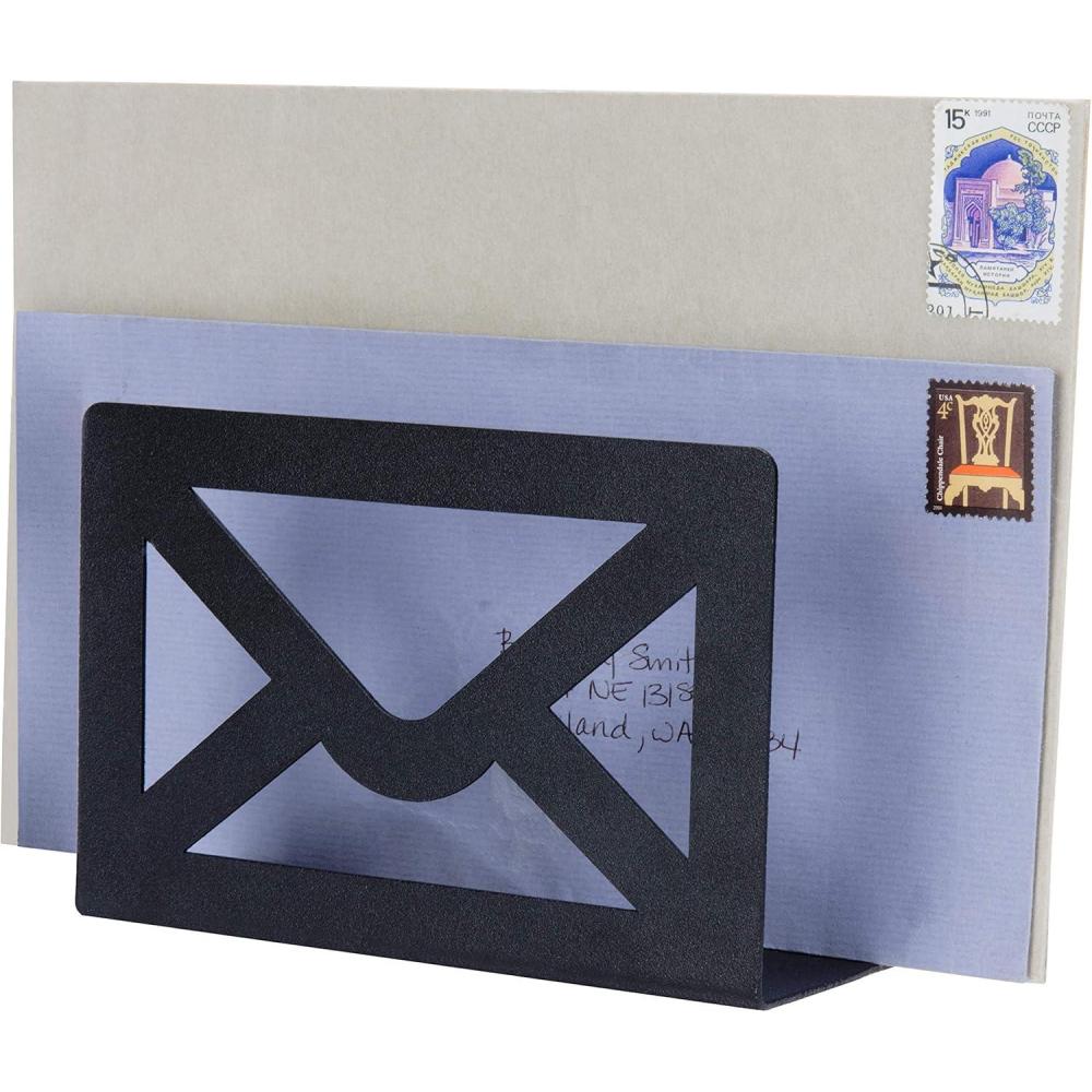 imageMyGift Black Metal Desktop Mail Holder with Cutout Envelope Design Home and Office Desk Letter OrganizerBlack