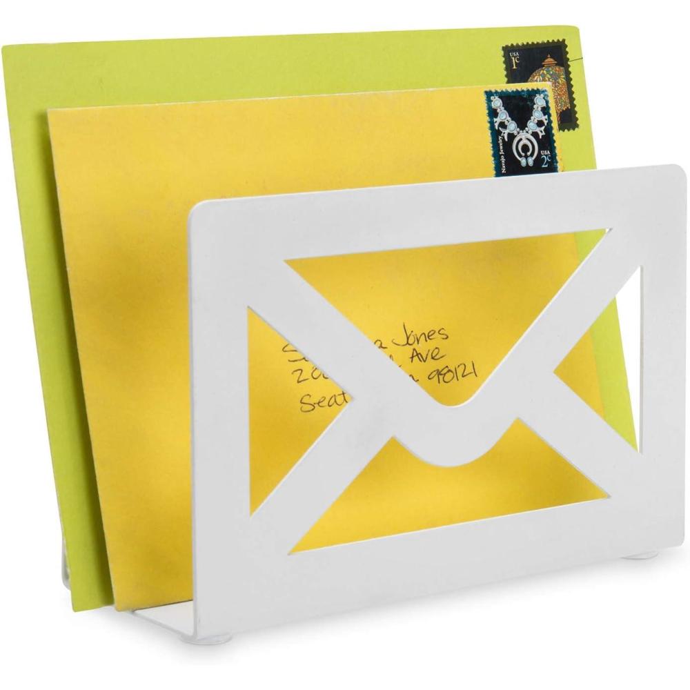 imageMyGift Black Metal Desktop Mail Holder with Cutout Envelope Design Home and Office Desk Letter OrganizerWhite