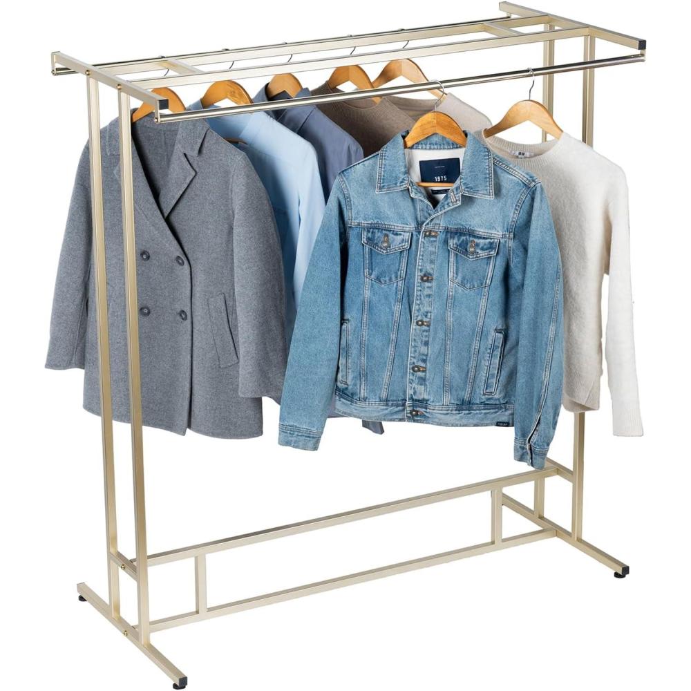 imageMyGift Black Stainless Steel Freestanding Garment Rack Heavy Duty Double Rod Clothes Rack Clothing Hanger Stand with Storage Display ShelfBrass