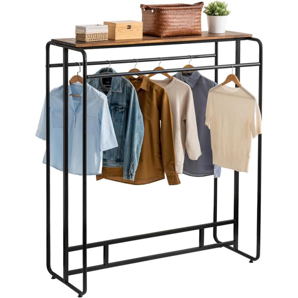 imageMyGift Black Stainless Steel Freestanding Garment Rack Heavy Duty Double Rod Clothes Rack Clothing Hanger Stand with Storage Display ShelfBurnt Solid Wood Shelf