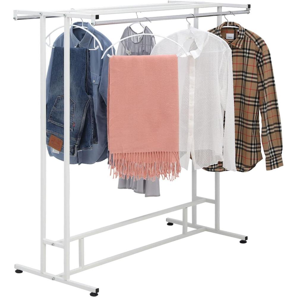 imageMyGift Black Stainless Steel Freestanding Garment Rack Heavy Duty Double Rod Clothes Rack Clothing Hanger Stand with Storage Display ShelfWhite