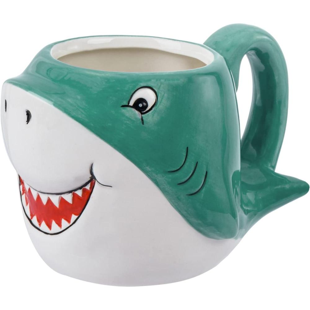 imageMyGift Blue Ceramic Cute Coffee Mug with Handle and Cartoon Smiling Happy Baby Shark Shaped Design Novelty Gift MugsBlue