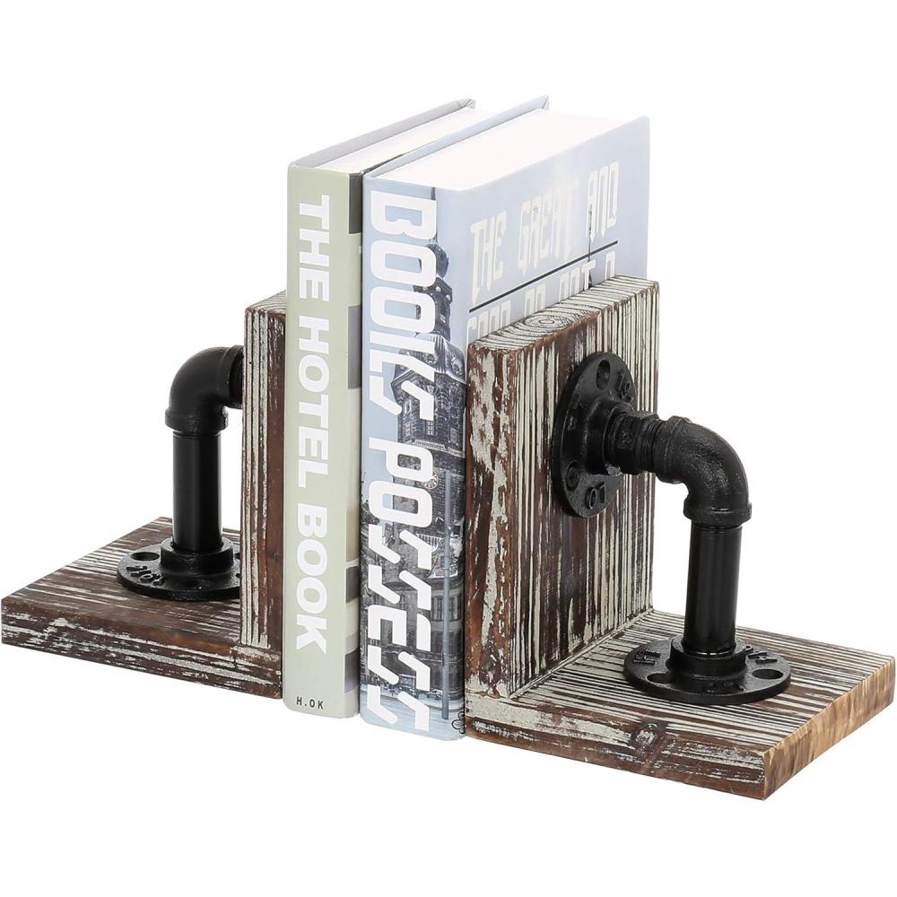imageMyGift Book EndsBookends for ShelvesMetal Bookends for Heavy BooksWood Decorative Book Stopperwith Realistic Industrial Pipe DesignDark Brown Book End for Home OfficeTorched Wood