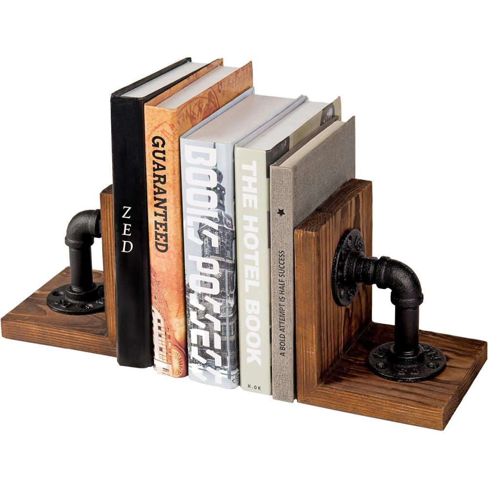 imageMyGift Book EndsBookends for ShelvesMetal Bookends for Heavy BooksWood Decorative Book Stopperwith Realistic Industrial Pipe DesignDark Brown Book End for Home OfficeRustic Brown