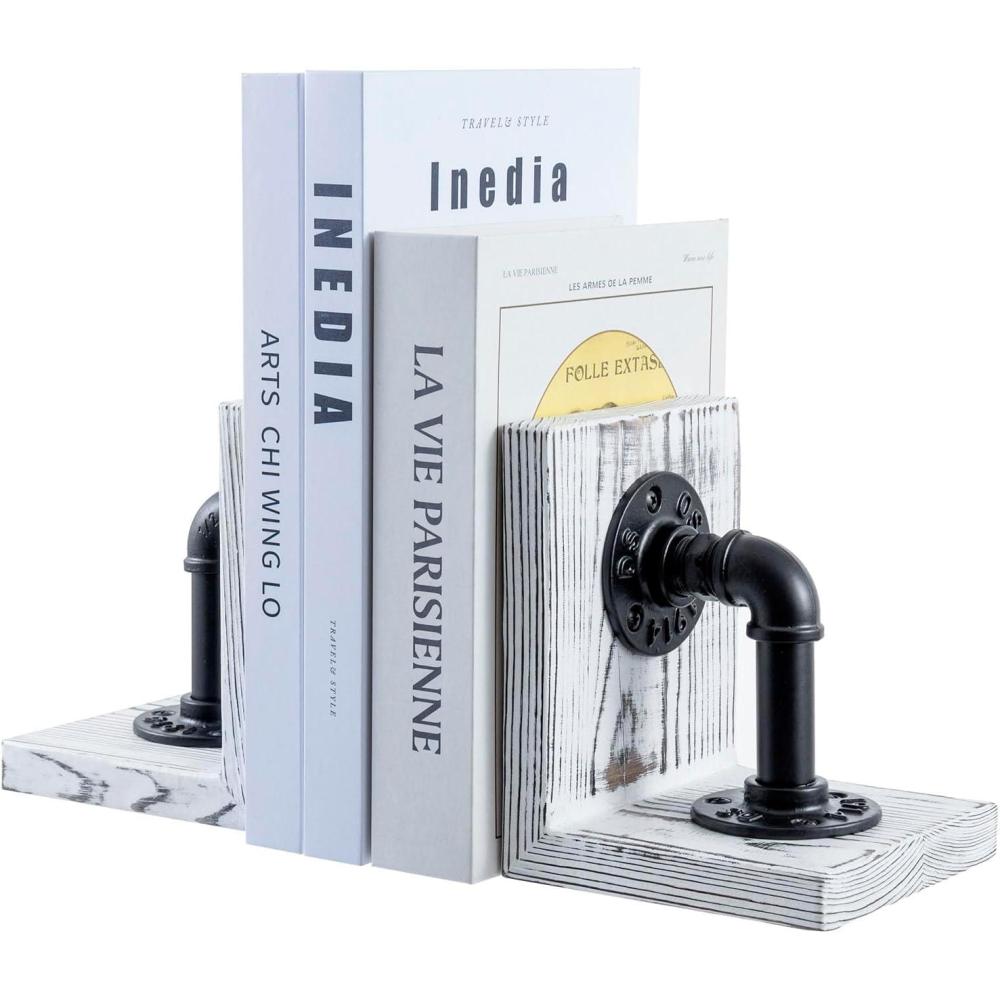 imageMyGift Book EndsBookends for ShelvesMetal Bookends for Heavy BooksWood Decorative Book Stopperwith Realistic Industrial Pipe DesignDark Brown Book End for Home OfficeWhite Washed