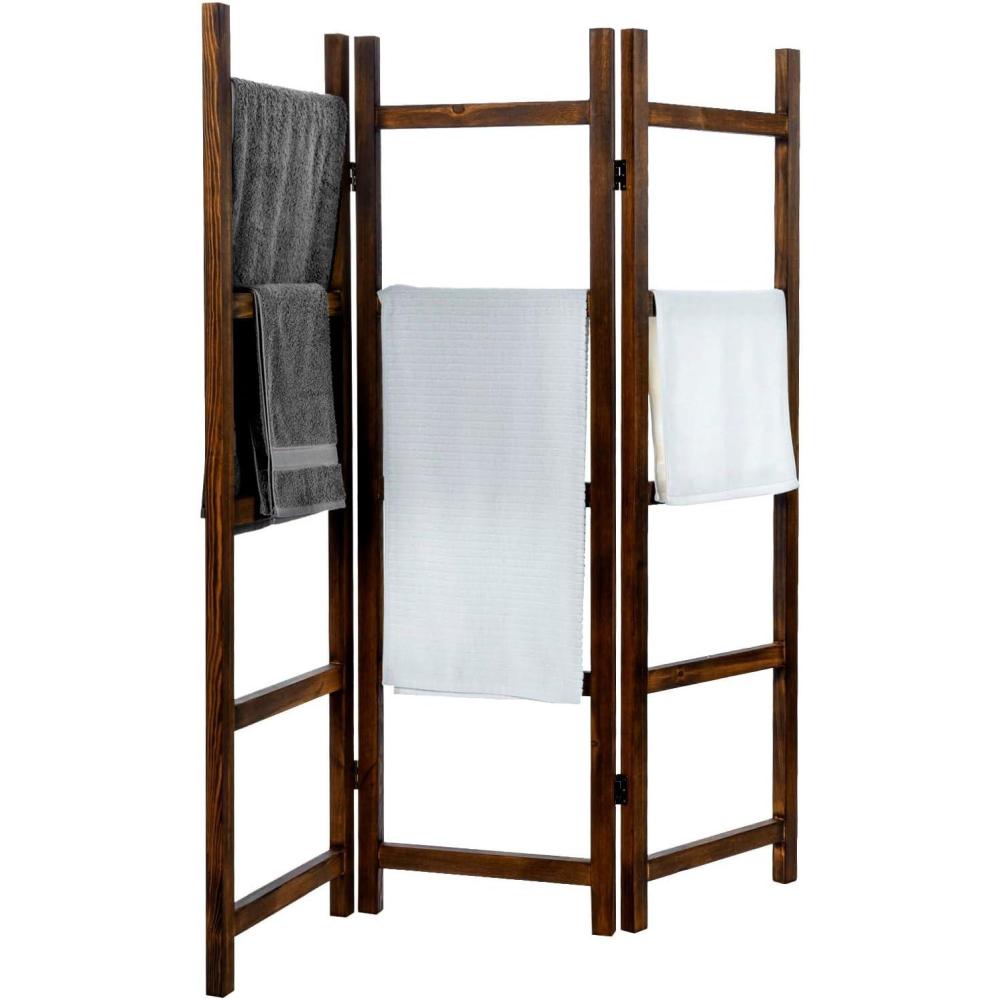 imageMyGift Burnt Wood Blanket Ladder 59quot H Freestanding and Folding 6 Tier and 3 Panel Towel Rack for Bathroom Decorative Display Ladder Shelf Quit Rack for Living Room BrownBurnt Wood