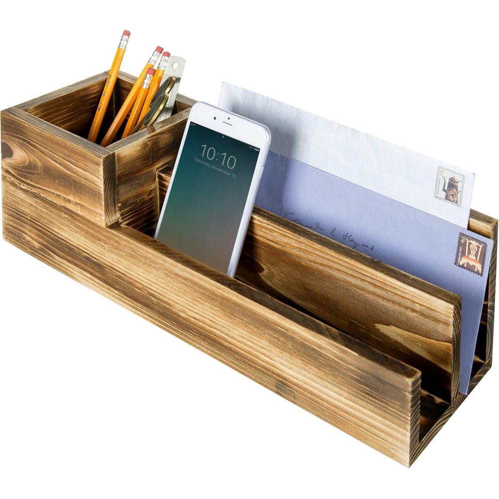 imageMyGift Burnt Wood Desktop Mail Holder Organizer with Pencil Cup Holder 3 Compartment Desk Accessories Storage Tray