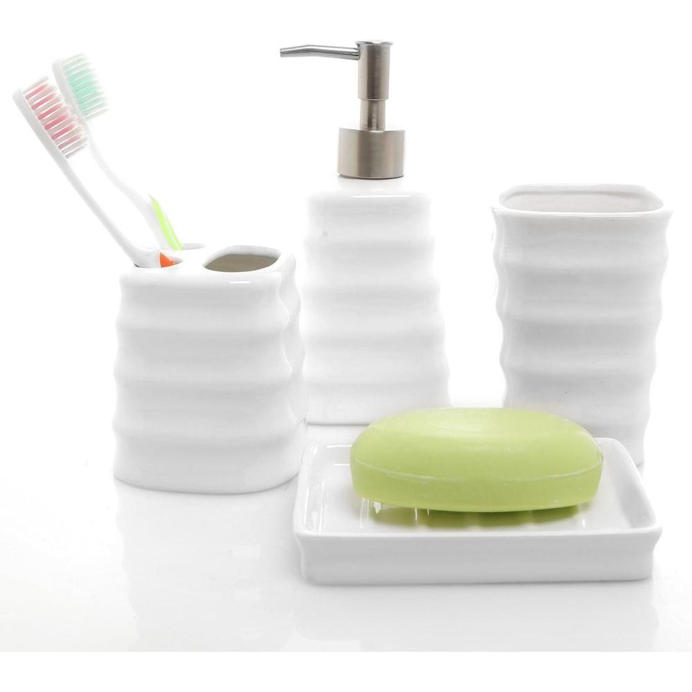 imageMyGift Ceramic White Bathroom Accessory Set with Ribbed Design Includes Toothbrush Holder Tumbler Soap Dish and Dispenser