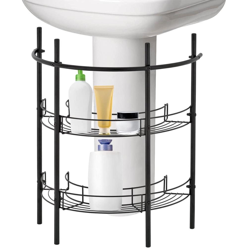 imageMyGift Chrome Plated Metal UndertheSink Rack Bathroom Quality Pedestal Storage Organizer with 2 Display Shelves and Hand Towel BarBlack