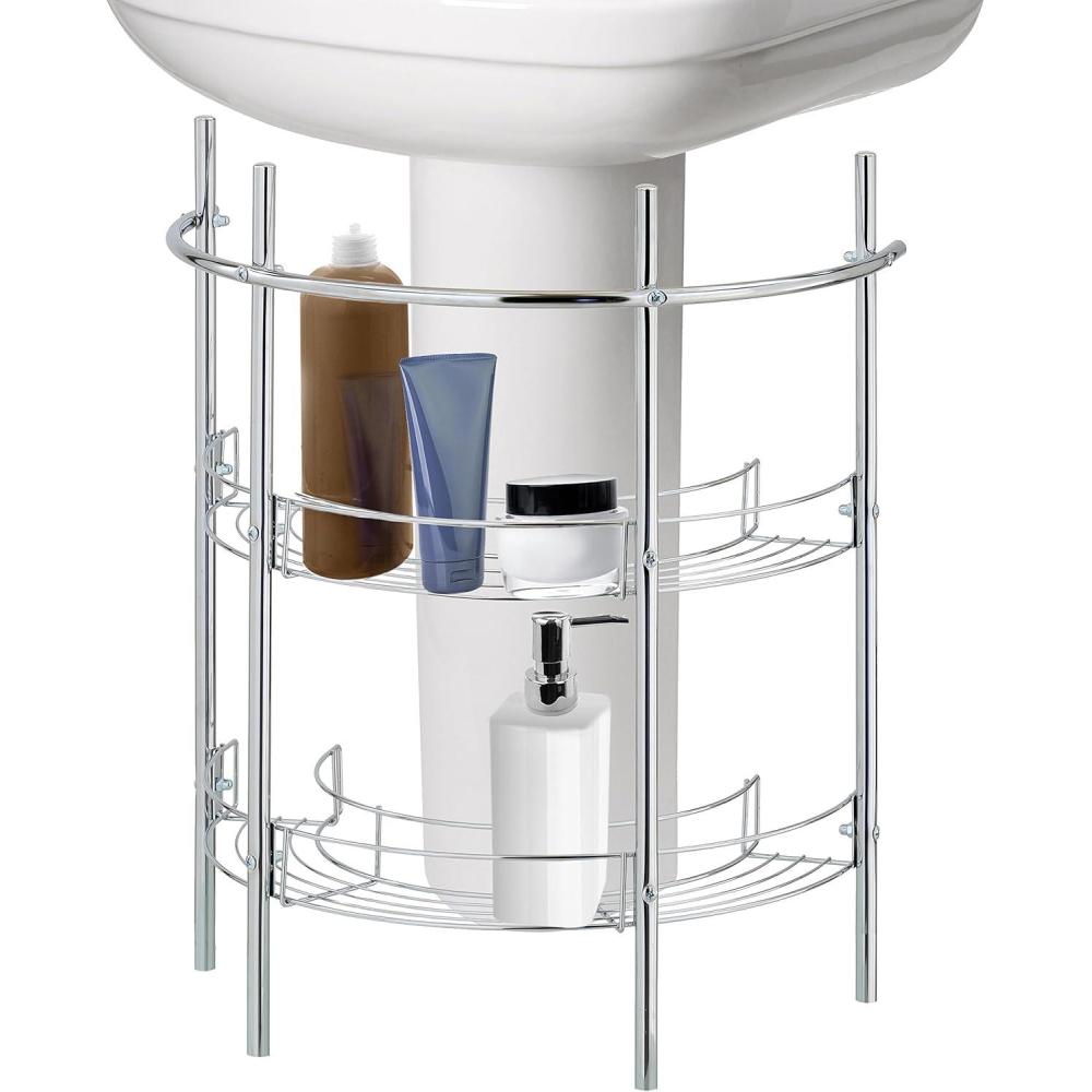 imageMyGift Chrome Plated Metal UndertheSink Rack Bathroom Quality Pedestal Storage Organizer with 2 Display Shelves and Hand Towel BarChrome