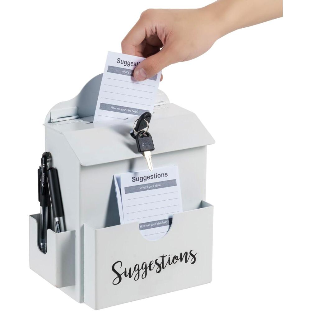 imageMyGift Classic Matte Black Metal Suggestion Box with Cursive Suggestions Lettering Wall Mounted or Tabletop Comment Box with Lock Keys Paper Sheet and Pen Holder SlotsWhite
