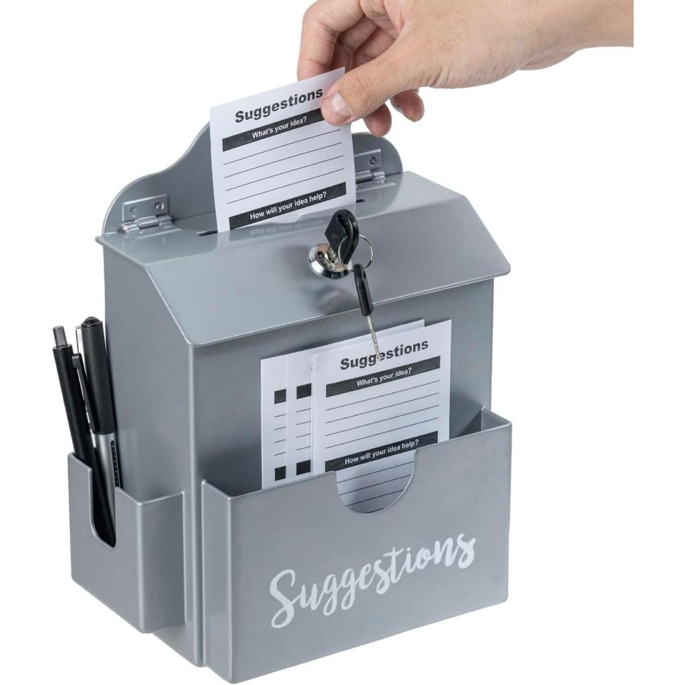 imageMyGift Classic Matte Black Metal Suggestion Box with Cursive Suggestions Lettering Wall Mounted or Tabletop Comment Box with Lock Keys Paper Sheet and Pen Holder SlotsGray