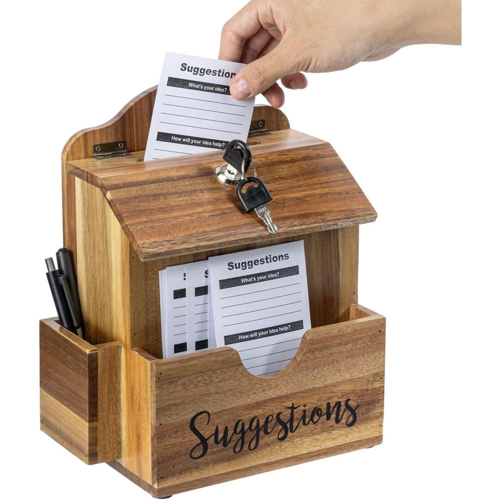 imageMyGift Classic Matte Black Metal Suggestion Box with Cursive Suggestions Lettering Wall Mounted or Tabletop Comment Box with Lock Keys Paper Sheet and Pen Holder SlotsAcacia Wood