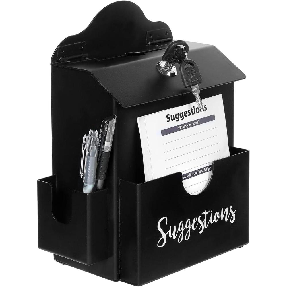 imageMyGift Classic Matte Black Metal Suggestion Box with Cursive Suggestions Lettering Wall Mounted or Tabletop Comment Box with Lock Keys Paper Sheet and Pen Holder SlotsBlack