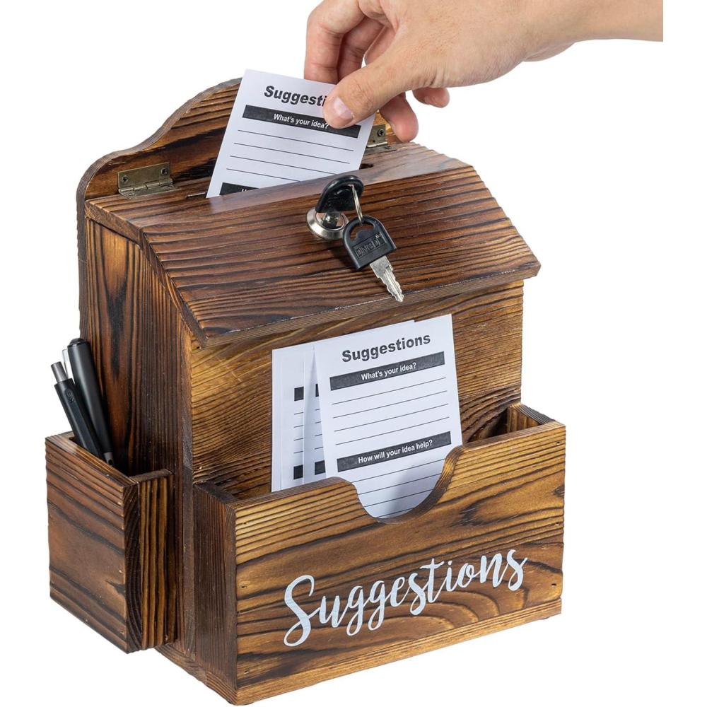 imageMyGift Classic Matte Black Metal Suggestion Box with Cursive Suggestions Lettering Wall Mounted or Tabletop Comment Box with Lock Keys Paper Sheet and Pen Holder SlotsRustic Brown