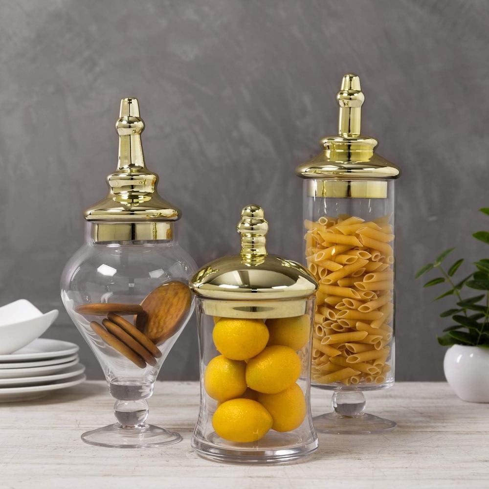 imageMyGift Clear Glass Apothecary Jars with Lid Decorative Footed Vase Candy Buffet Containers Set of 3Brass