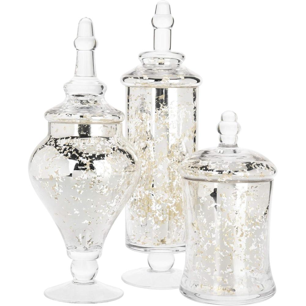 imageMyGift Clear Glass Apothecary Jars with Lid Decorative Footed Vase Candy Buffet Containers Set of 3Silver