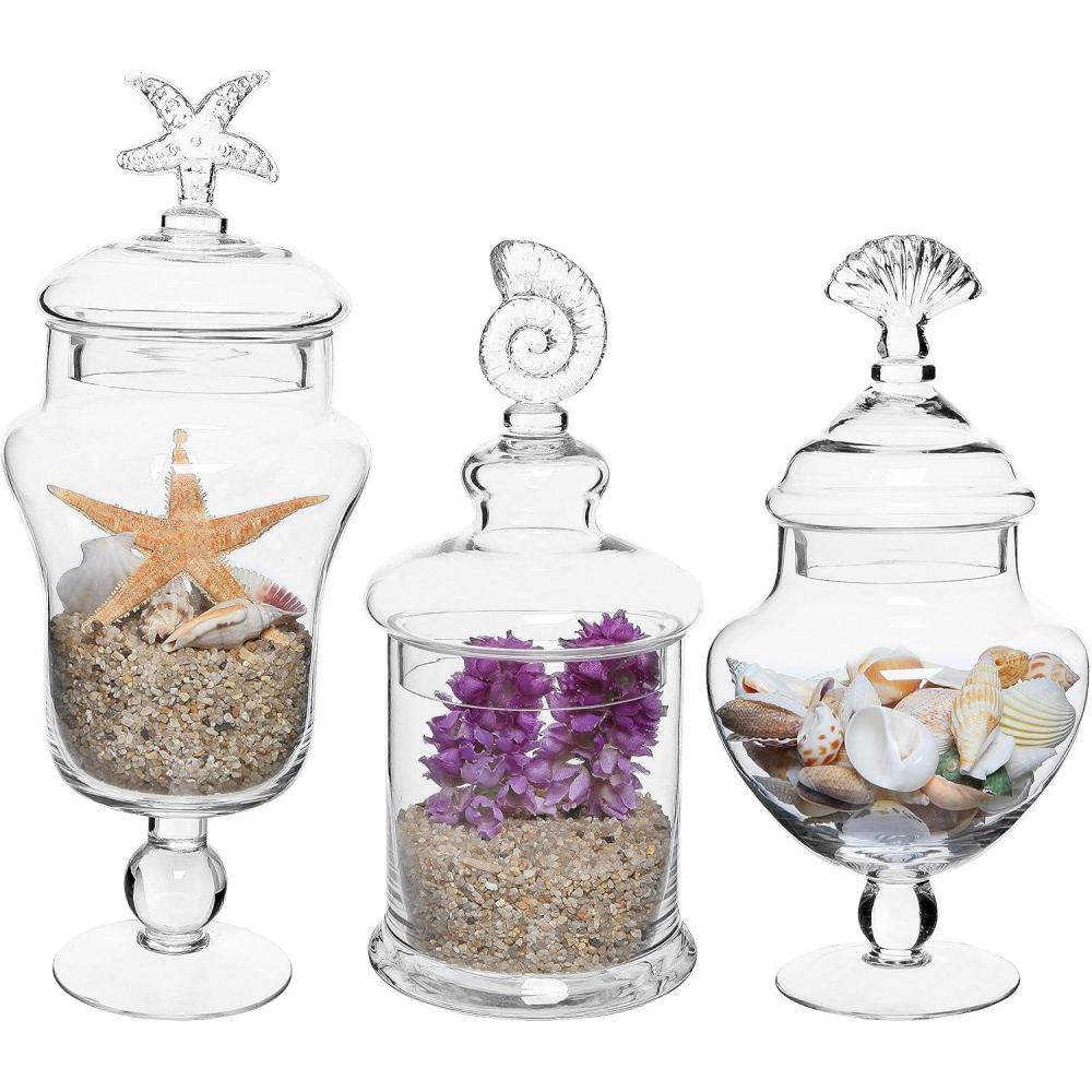 imageMyGift Clear Glass Apothecary Jars with Lid Decorative Seashell Design Bathroom Canister Footed Candy Buffet Containers Set of 3