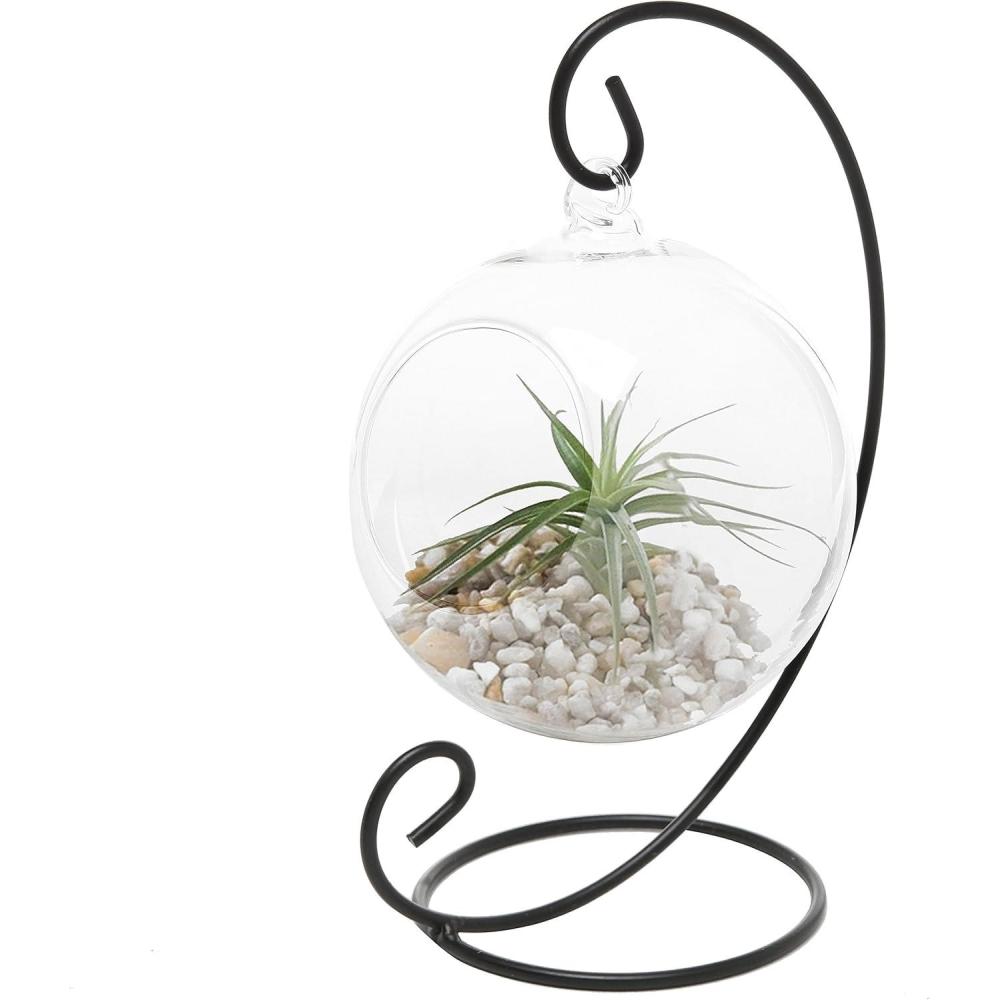 imageMyGift Clear Glass Hanging Air Plant Terrarium Globe Tea Light Candle Holder with Black Metal Stand