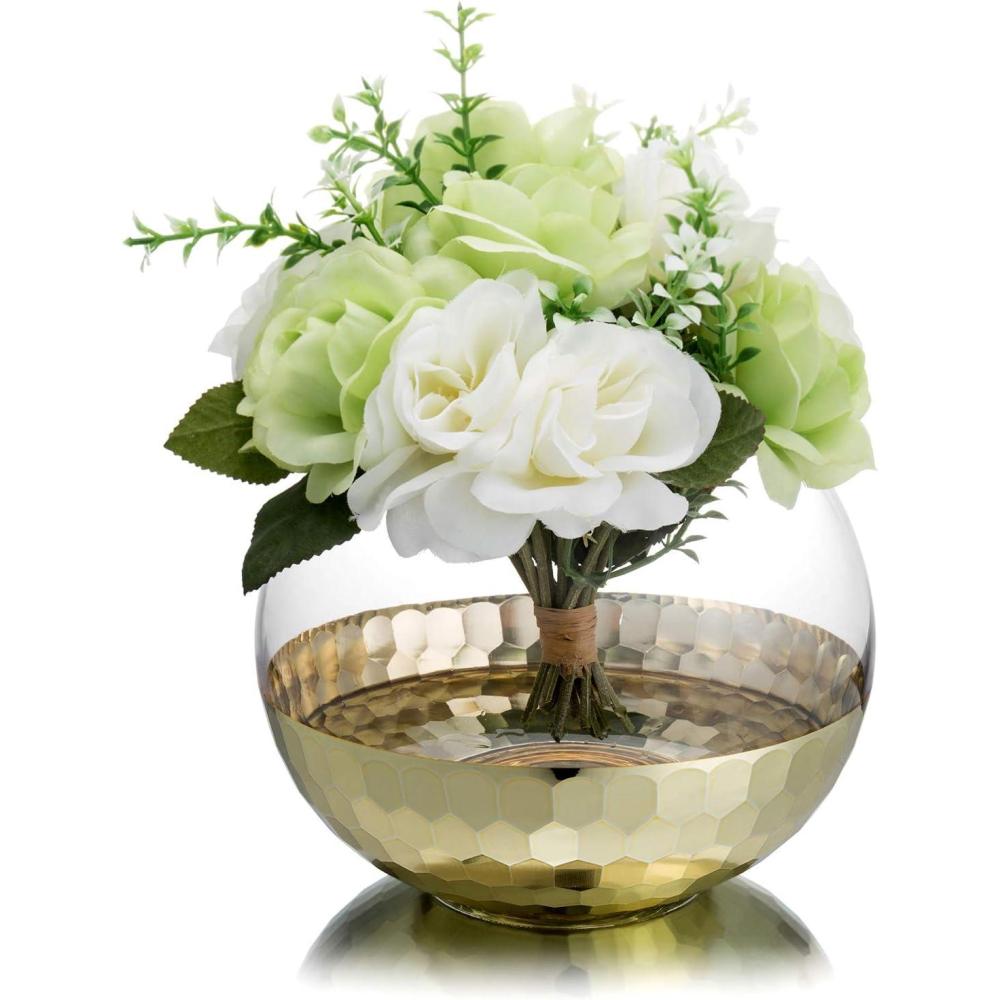 imageMyGift Clear Round Glass Tabletop Vase Decor Flower Floral Bouquet Bowl Centerpieces with GoldTone Metal Hammered Base Accent