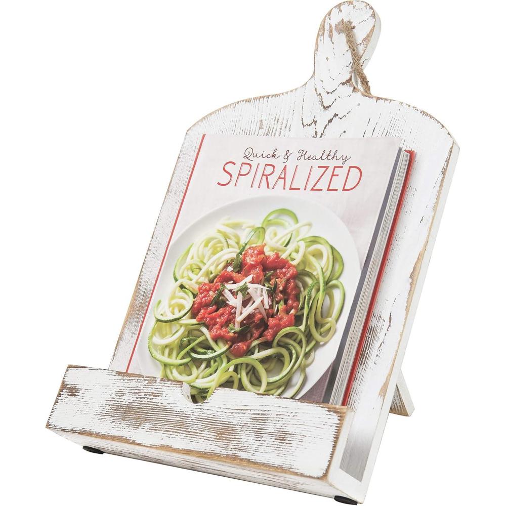 imageMyGift Cookbook Stand Recipe Book Holder with Brown Wood Cutting Board Design Cookbook Holder for Countertop DisplayWhitewashed