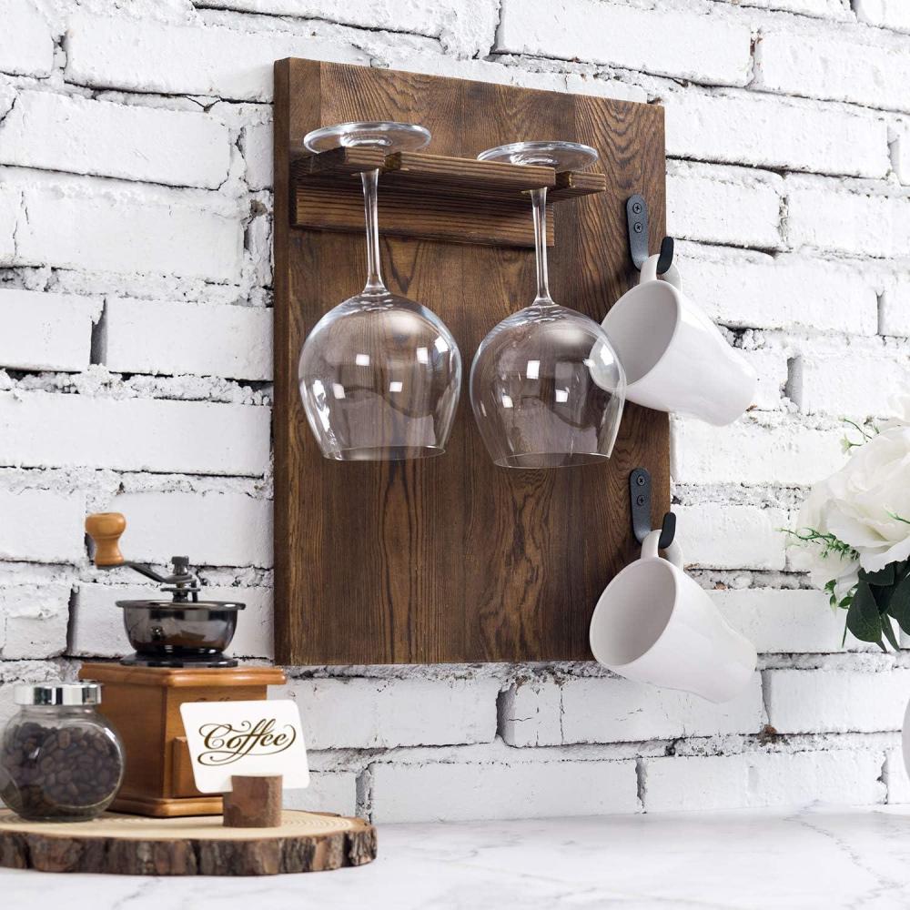 imageMyGift Dark Brown Burnt Wood Wall Mounted Wine Glass Holder Rack with Metal Coffee Mug Hooks