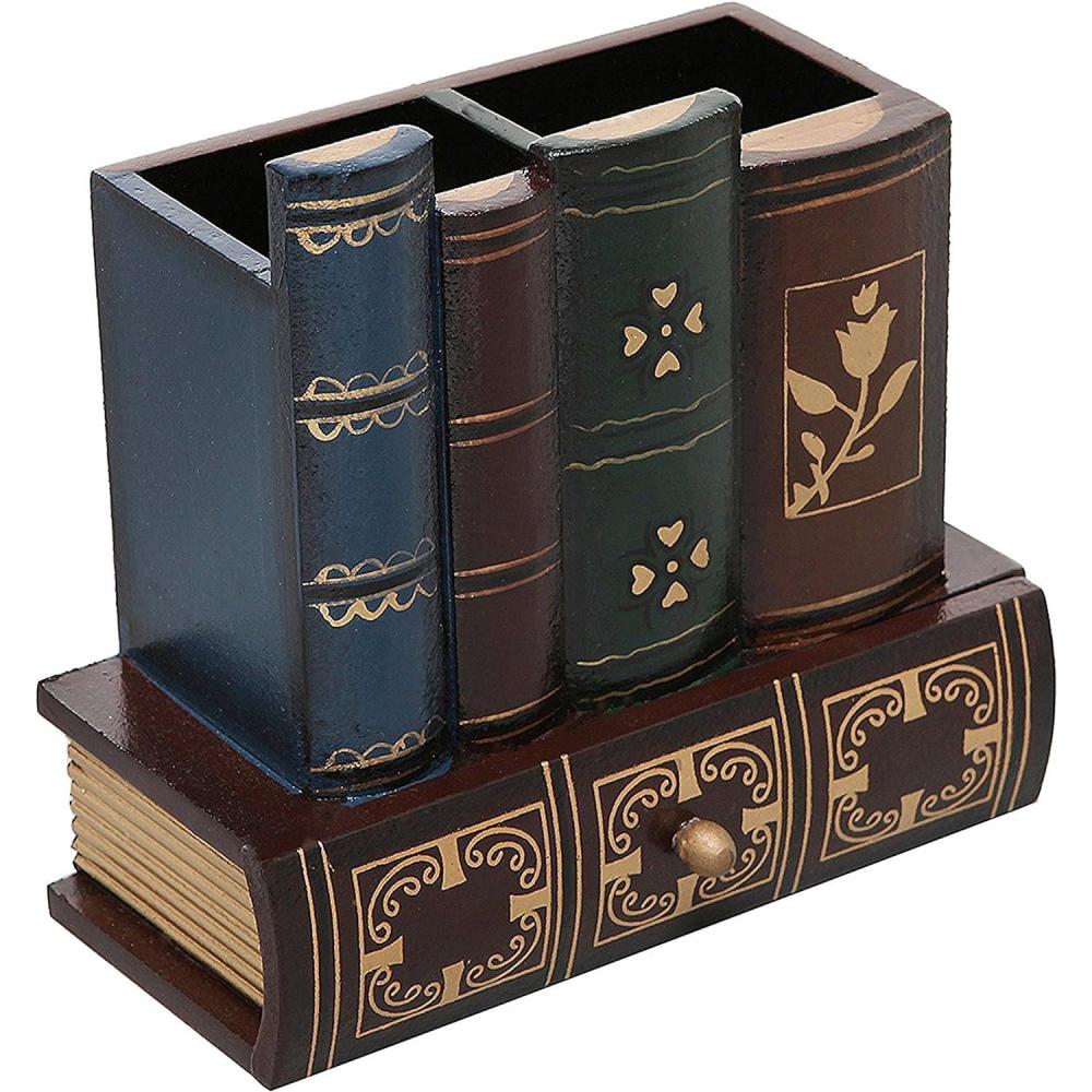imageMyGift Decorative Desk Organizer Caddy Pencil and Pen Holder with Bottom Storage Drawer and Antique Library Books Design