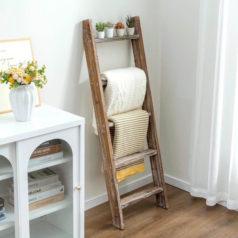 imageMyGift Decorative Ladder Shelf 45 Foot Wall Leaning Wooden Towel Blanket Ladder Storage Rack for Bathroom or Living Room Torched Brown WoodTorched Wood