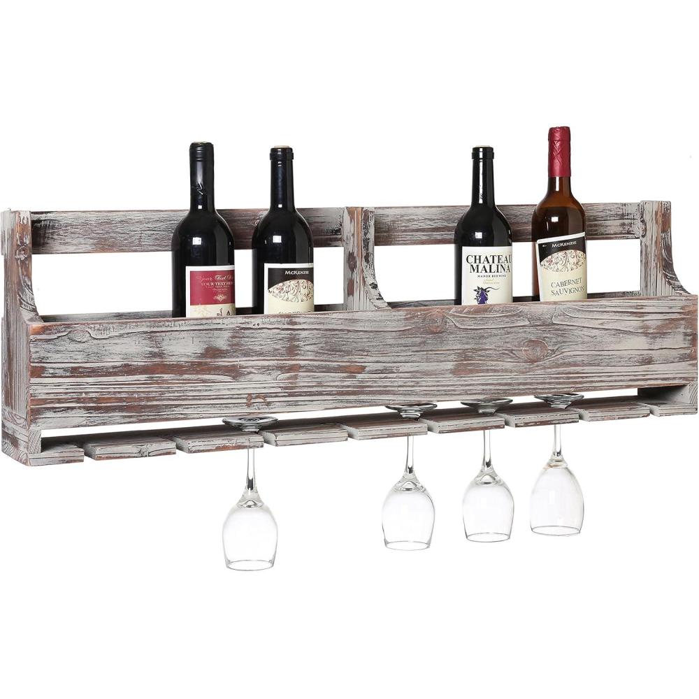 imageMyGift Distressed Gray Barnwood WallMounted Stemware Glasses ampamp Wine Bottle Display Rack