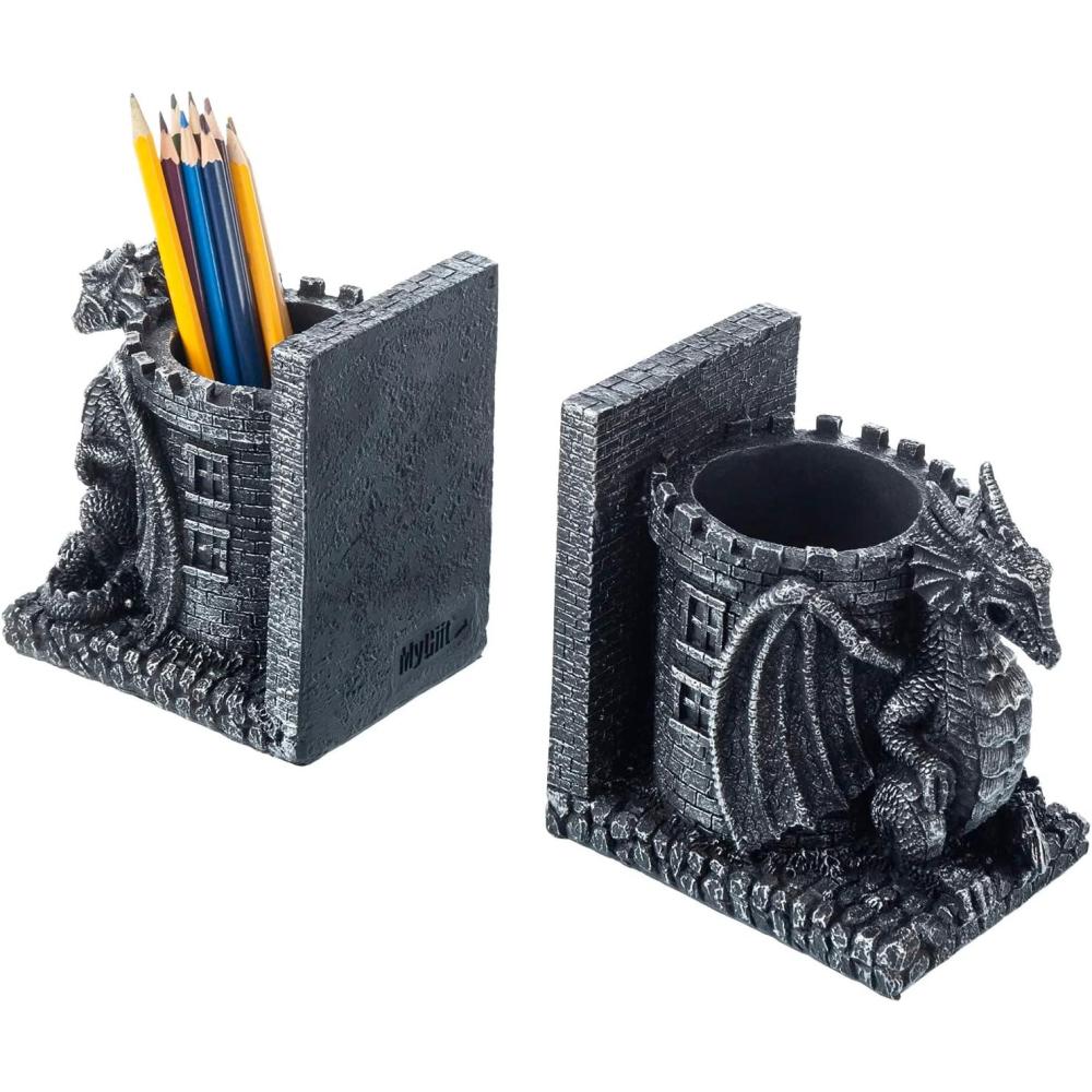 imageMyGift Dragon Guard Castle Resin Decorative Bookends for Heavy Books with Pencil Holders Fantasy Themed Book Holder for Home and OfficeBlack