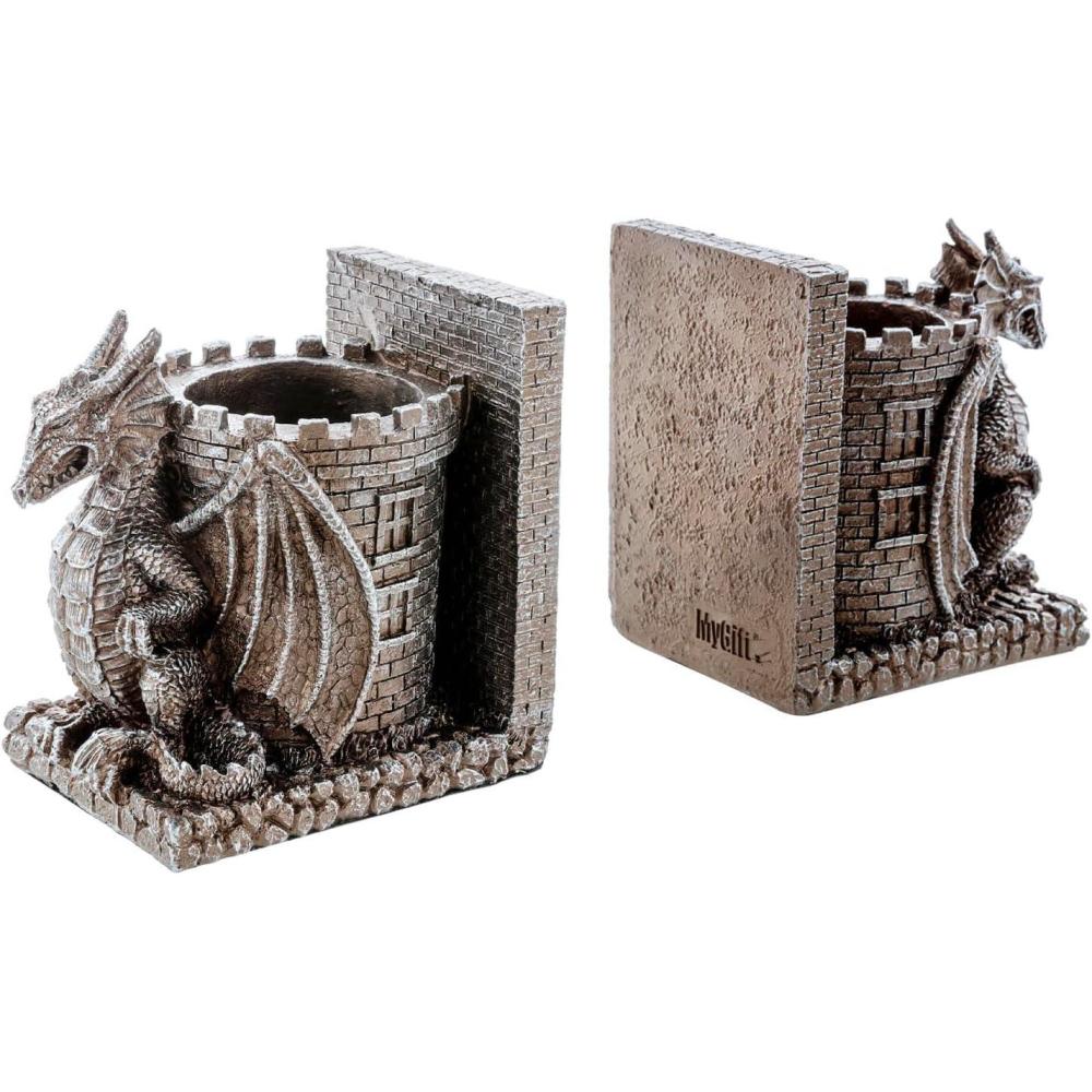 imageMyGift Dragon Guard Castle Resin Decorative Bookends for Heavy Books with Pencil Holders Fantasy Themed Book Holder for Home and OfficeBrown