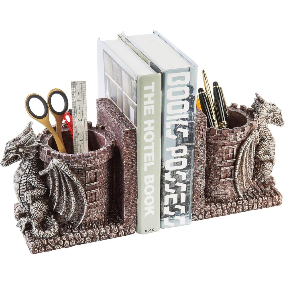 imageMyGift Dragon Guard Castle Resin Decorative Bookends for Heavy Books with Pencil Holders Fantasy Themed Book Holder for Home and OfficeStone Color