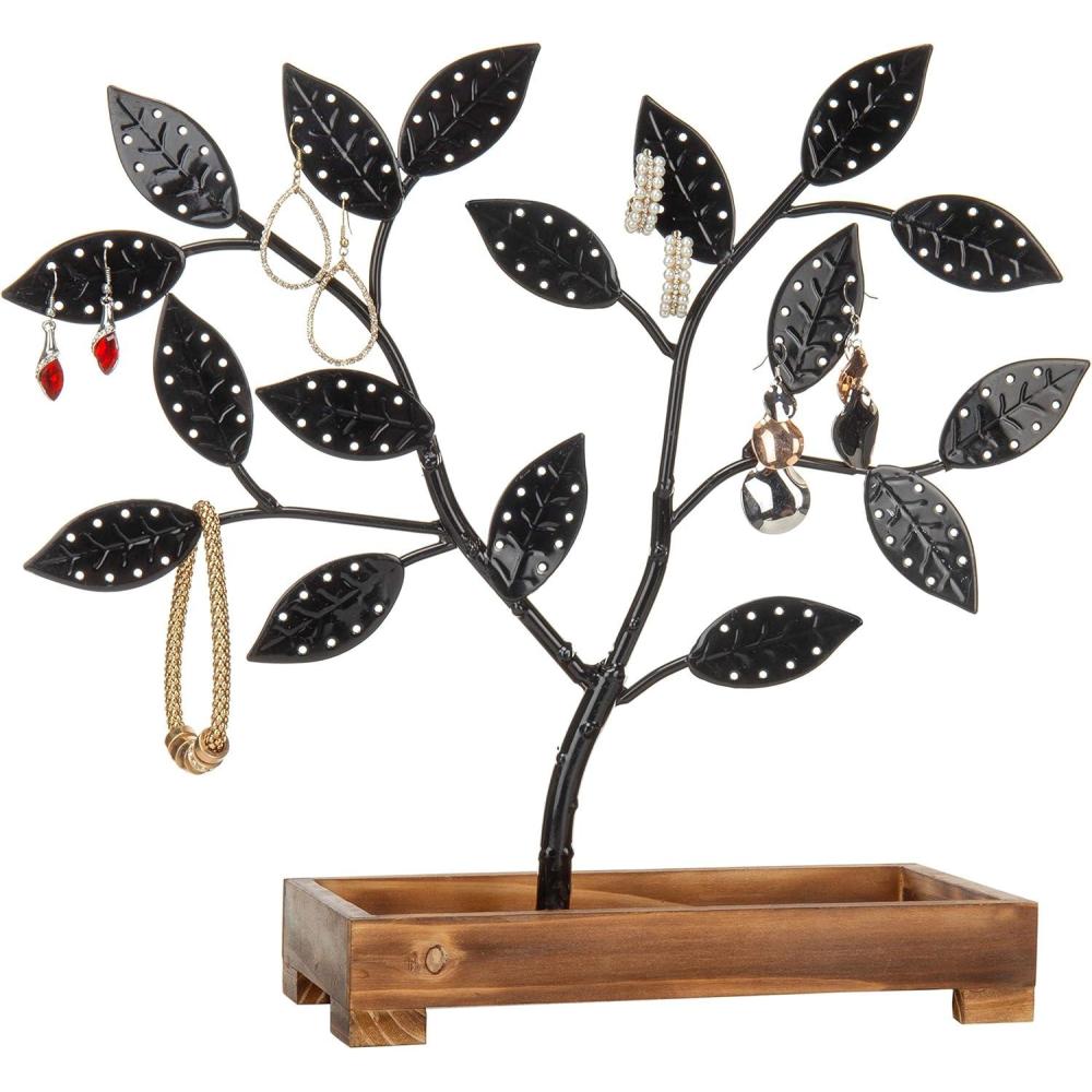 imageMyGift Earring Storage Rack Organizer Matte Black Metal Jewelry Tree Necklace and Bracelet Hanger with Wooden Ring Tray Trinket Holder Holds 68 Pairs of EarringsBlack
