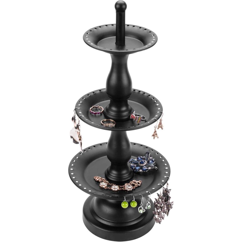 imageMyGift Earring Storage Rack Organizer Matte Black Metal Jewelry Tree Necklace and Bracelet Hanger with Wooden Ring Tray Trinket Holder Holds 68 Pairs of EarringsBlack3Tier
